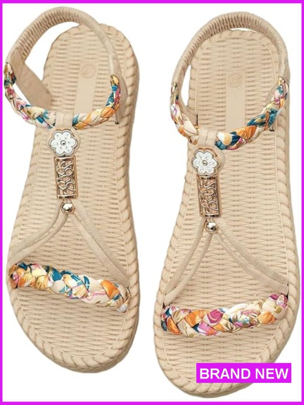Floral Print Woven Sandals Open Toe Vacation Beach Flat Shoes with Ankle Strap